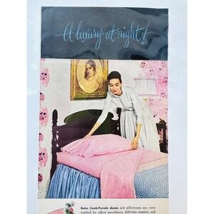 1949 Woman Making Bed Luxury by Night Bates Pink Blue Original‎ Vintage PRINT AD